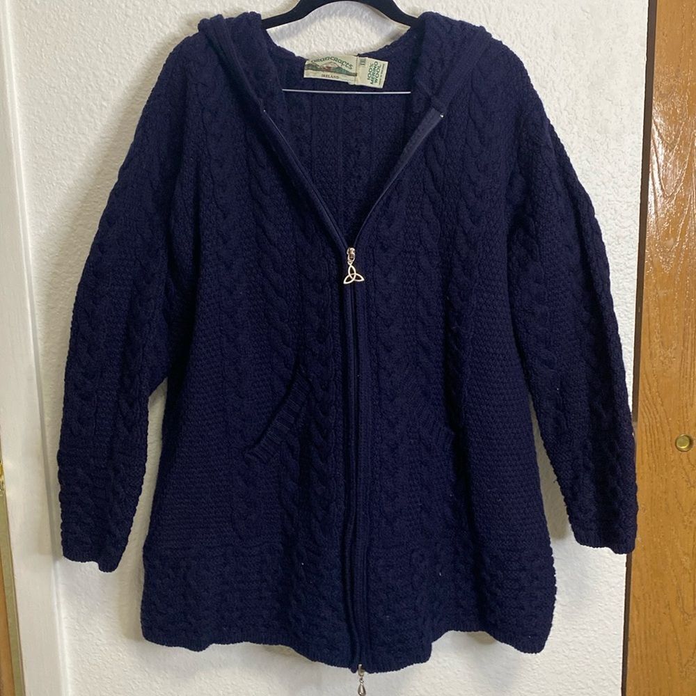 Aran Crafts 100% Merino Wool HOODED COAT WITH CELTIC KNOT ZIPPER blue size XXL